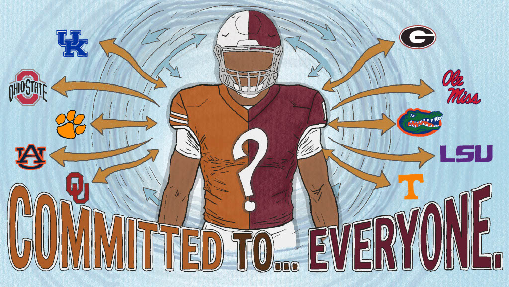 Illustration of a recruit surrounded by college team logos, captioned 'Committed to... Everyone.'