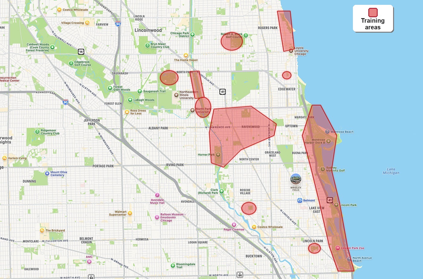 Map of Coach Easthope's training areas across Chicago's lakefront and North Side